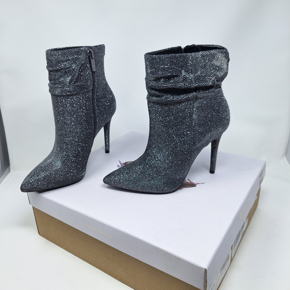 Jessica Simpson Lerona Pewter Glitter Gabor Black Pointed Toe Heeled Boots